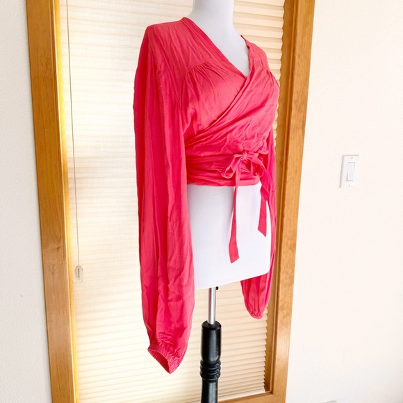 Loco Lindo Retro Coral Pink Vintage Style Babaloo Wrap Top XL Balloon Sleeves - Picture 8 of 9